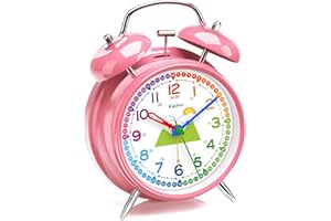 Eachui Doppelglockenwecker mit Nachtlicht, analoger Wecker für Kinder ohne Ticken, lauter Alarm, geräuschlos, batteriebetrieben, Retro-Design für Jungen und Mädchen (Rosa)