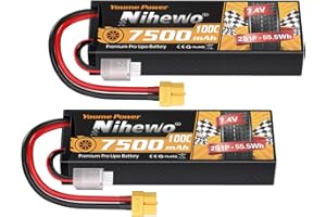 Nihewo 2Packs 2S Lipo Battery Pack, 7.4V 7500mAh RC Battery 100C Hard Case Lipos XT60 Connector Compatible with 1/8 1/10 RC Car Truck Truggy Vehicles Tank Boat Airplane Models