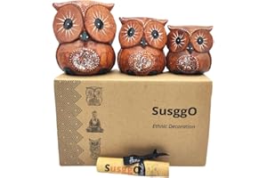 SusggO Set de 3 Buhos Decorativos de Madera, Decoracion, Tallado a Mano, Buho de la Suerte, Idea Artesania Adorno Mueble (Marron Detalles Plateados)