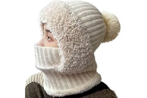 GENERIC 3 in 1 Beanie Hat with Scarf and Mask,Women's Outdoors Windproof Scarf Hat,Warm Winter Balaclava Knitted Mask Cap for Women