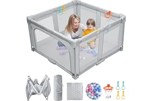 FUNYKICH Parque Infantil Bebe 127×127cm, Corralito Bebe Plegable con Alfombra Suave,50 Pelotas+4 Agarraderas+Aro de Baloncesto+Bolsa de Transporte,Protección para Esquinas, Seguro y Lavable