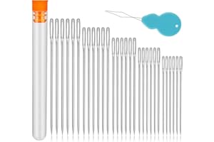 Reovin 5 Tailles Aiguilles à Coudre, 30 Pièces Aiguilles Couture à Gros Yeux, Aiguilles à Coudre à La Main, Aiguille a Broder en Cuir Avec Enfileur pour Travaux Manuels et Réparations