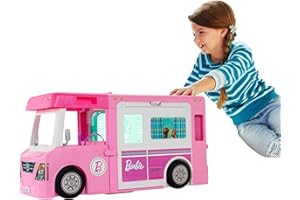 Barbie 3-in-1 Super Abenteuer-Camper mit Zubehör, Pool, umbaubarem Truck, Boots, 60 Camping-Zubehörteilen, Puppe, als Geschenk für Kinder ab 3 Jahren geeignet, GHL93