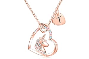 TINGN Collier Licorne Plaqué Or Rose 14 Carats - Pendentif Coeur Initiales CZ pour Filles - Cadeau d'Anniversaire Bijoux pour Femmes