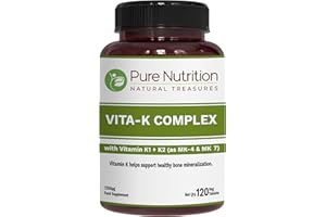 PURE NUTRITION NATURAL TREASURES Pure Nutrition Vitamin K Complex K1 + K2 | 2250 mcg | 120 Tab | Full Spectrum K Vitamin Supplement with K1 1000mcg, K2 as MK4 1000mcg + K2 as MK7 250 mcg | Non GMO | Gluten Free