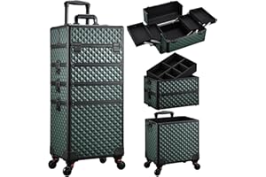 TAYQWIHEVA Maleta Maquillaje 4 en 1 Maletin Maquillaje Rueda de Gran Capacidad Caja Maquillaje Maletin de Cosméticos portátil con Cerradura Organizador de Maquillaje, Verde Oscuro