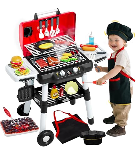 HOMASIS Cuisine BBQ Jouet En Bois - Gril Double Avec Fenêtres, Boutons Cliquables Et 19 Accessoires - Jeu D'imitation Pour Enfants Dès 3 Ans