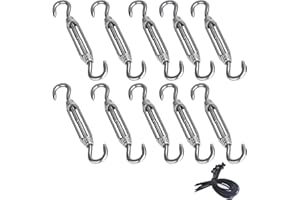 Fwilo Turnbuckle Wire Tensioner 10 Piece, 304 Stainless Steel, M4, Hook/Hook, Adjustable Tension, 20 Cable Tie, for Awnings, Clotheslines, Sunsails, Outdoor Climbing and more.