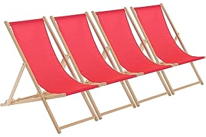 Harbour Housewares Folding Wooden Deck Chairs – Pink – Pack of 4 – Adults Traditional Foldable Reclining Outdoor Canvas Sun Lounger Chair Seat for Garden Patio, Beach, Camping