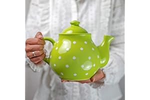 City to Cottage® Tetera Grande de Cerámica Artesanal con Asa y Tapa, Diseño de Lunares en Verde Lima y Blanco, 1,7 L/60oz/4-6 Tazas