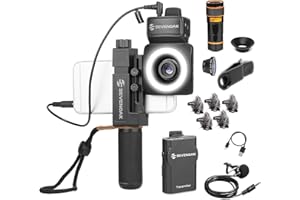 Movo SmartCine W1 – Kabelloses Smartphone-Videokit mit Telefon-Rig, kabelloses Lavalier-Mikrofonsystem, Tele- und Fischaugen-Objektive für iPhone/Android-Handys – tolles YouTube, TIK Tok Kit