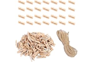 CIOKIT Mini Pegs - 100Pcs Mini Wooden Pegs for Photos Craft, 2.5cm Small Wooden Photo Pegs Display Clips with 5M of Jute String, Tiny Wooden Pegs for Decorative Photo Wall, DIY Decorations, Hanging Photos