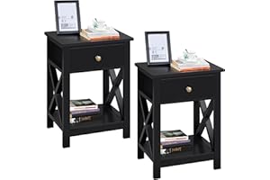 Yaheetech Set 2 Comodini Camera da Letto Mobiletto con Cassetto Tavolino Lato Stile Shabby Chic 40 x 30 x 55 cm Tavolino D'appoggio Portaoggetti da Salotto Moderno Nero