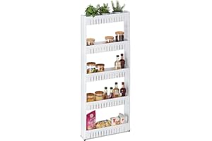 Relaxdays Nischenwagen Mobile Salvaspazio, 5 Ripiani, Scaffale Stretto per Bagno & Cucina, Carrello Portaoggetti in Plastica, Bianco, 1 pz
