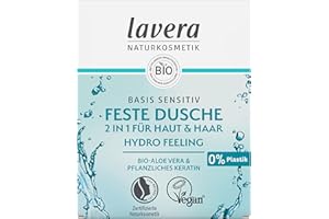 ‎LAVERA lavera Basis Sensitiv - Feste Dusche 2 in 1 für Haut & Haar - mit Bio Aloe Vera & pflanzlichem Keratin - reinigt ohne auszutrocknen - 3x ergiebiger als flüssiges Duschgel - 50g