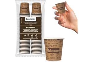 bioexxe 100 vasos cafe desechables de 75ml vasos desechables biodegradables - soportan bebidas hasta 85°/90°- Tamaño pequeño para espresso italiano (Marrón)