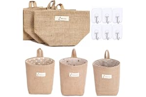Qiwenr 3 Pcs Sac de Rangement Suspendu,Sac de Rangement de Bureau,En Coton et Lin,Panier de Rangement Pliable avec Poignée et 6 Crochets pour Jouets, Maquillage,Petites Affaires,Clés,Plantes en pot