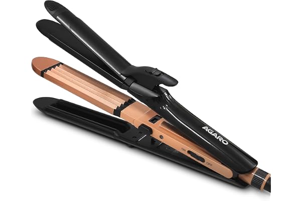AGARO 4 in1 hair Straightener,Wavy Hair, Crimper, Curler, Hair Styler, Keratin Infused Ceramic Coated Plate, Variable Style Settings, Hair Styling, Black & Rose Gold, HS1719