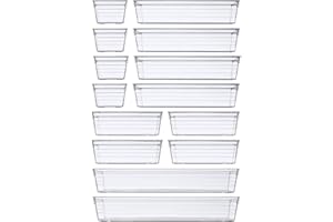 DCA 14 PCS Clear Plastic Drawer Organiser Tray, 4 Sizes Desk Drawer Divider Organizers and Storage Bins for Makeup, Kitchen Utensils, Jewelries and Gadgets