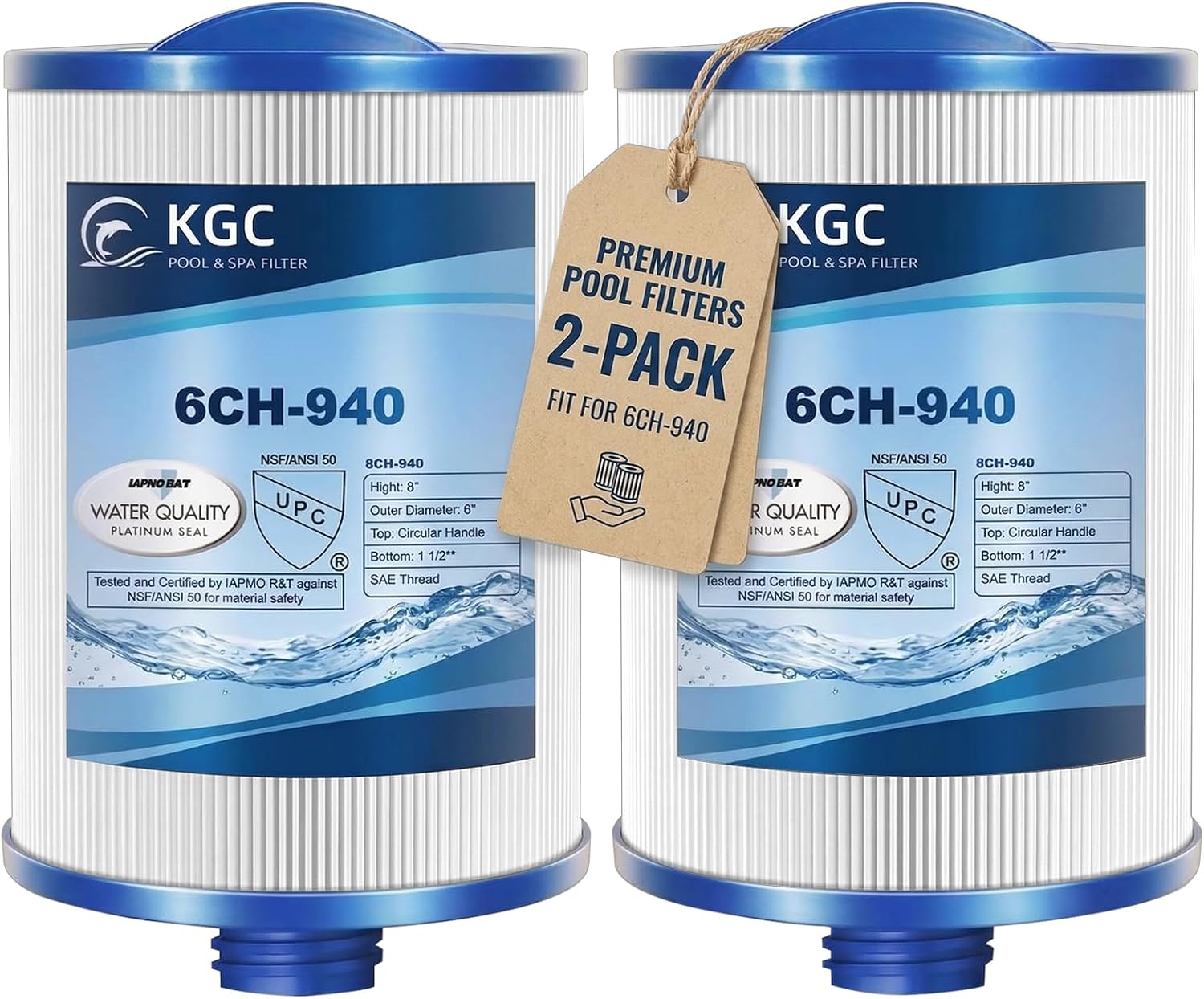 KGC 6CH-940 Hot Tub Filter, Hot Tub Filters for Pleatco PWW50P3 (1 1/2" SAE Coarse Thread), Unicel 6CH-940, Filbur FC-0359, Waterway 817-0050, 03FIL1400, 25252-for Viking lazy spa filter, 2 Pack