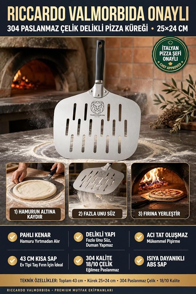 Transformacion Delikli Pizza Küreği 18/10 Çelik 25x24 cm Kısa Saplı Ev Tipi Taş Fırın Pizza Pateli 723461