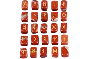 KYEYGWO Roter Jaspis Runen Steine Set mit Gravur Golden Elder Futhark Alphabet Symbol Edelstein, Runensteine Kristall für Meditation, Wahrsagung, Reiki Heilung und Amulett, 25 Stück