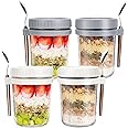 HJB VISSO Glass Jars, Overnight Oats Container with Lid and Spoon [4 Pack], Overnight Oats Jars, 350ml / 10 oz Cereal, Milk, Vegetable and fruit Salad Storage Container with Measurement Marks