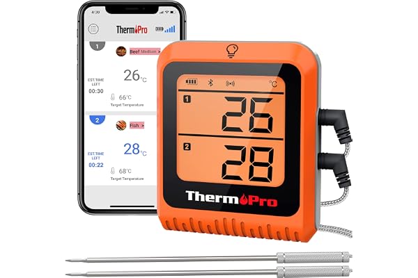 ThermoPro TempPro TP25H2 Thermomètre de Cuisine avec Minuterie et Fonction d'Alarme, 150 Mètres Reçoit Bluetooth, Thermomètre Viande Double Sondes Rechargeable, pour BBQ, Viande, Grille, Four
