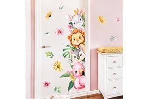 SUPZONE Decalcomanie da parete con animali della giungla, fenicottero rosa, orso, leone, coniglio, safari, foglie verdi tropicali, fiori, adesivi da parete per cameretta dei bambini, stanza dei giochi, aule