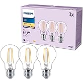 PHILIPS Classic A60 LED Light Bulb, 60W, Colourless, E27 Socket, Warm White 2700K, Pack of 3
