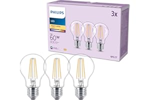 Philips Classic A60 Żarówka LED, 60 W, Clear, E27 Socket, Ciepła Biel 2700 K, 3 sztuki