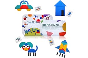 LEADSTAR Tangram Madera, Incluir 36 Piezas Montessori Shapes Puzzle de Madera + 60 Piezas Diseño Tarjetas Animales Puzzles, Juegos de Puzzle Madera, Juegos de Clasificación y Apilamiento para Niños