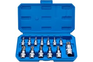 QNKAA Torx Bit Socket Set 13pcs 3/8" Dr. T8 - T70 E Star Premium S2 Alloy Steel Cr-V Steel Star Socket Torx Bits Metric 1/4, 3/8 and 1/2-Inch Drive