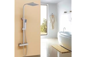 OCEAN ITALY S.R.L. OCEAN ITALY Colonna Doccia Con Miscelatore Termostatico, Set Doccia con Soffione Quadrato in Acciaio INOX e Doccetta a Man Quadrata, Asta Saliscendi Doccia Regolabile, Antibruciore