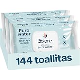 Biolane - Pure Water Baby Wipes, 144 Wipes (3 Packs of 48 Count), 99% Purified Water, Only 4 Ingredients, Unscented, Sensitiv