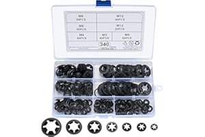 NEWOUTSET 340 Pcs Starlock Washers, Internal Tooth Quick Speed Locking Washer, Push On Speed Clips Fasteners Starlock Washers Assortment Kit - 65Mn, Black, M3/M4/M5/M6/M8/M10/M12