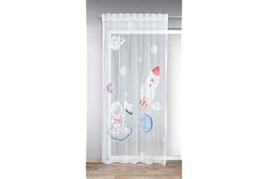 KAMACA Tenda con passanti nascosti e nastro per tende per la cameretta dei bambini, in voile, bianco, trasparente, con meraviglioso motivo (altezza x larghezza), 245 x 140 cm (astronauta)