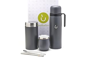 balibetov Kit de Mate Argentino - Calabaza Mate Moderna, Termo Mate, Contenedor para Yerba Mate (Yerbero), Bombilla (Sorbete) y Cepillo de limpieza - Acero inoxidable 304 18/8 (Gris)