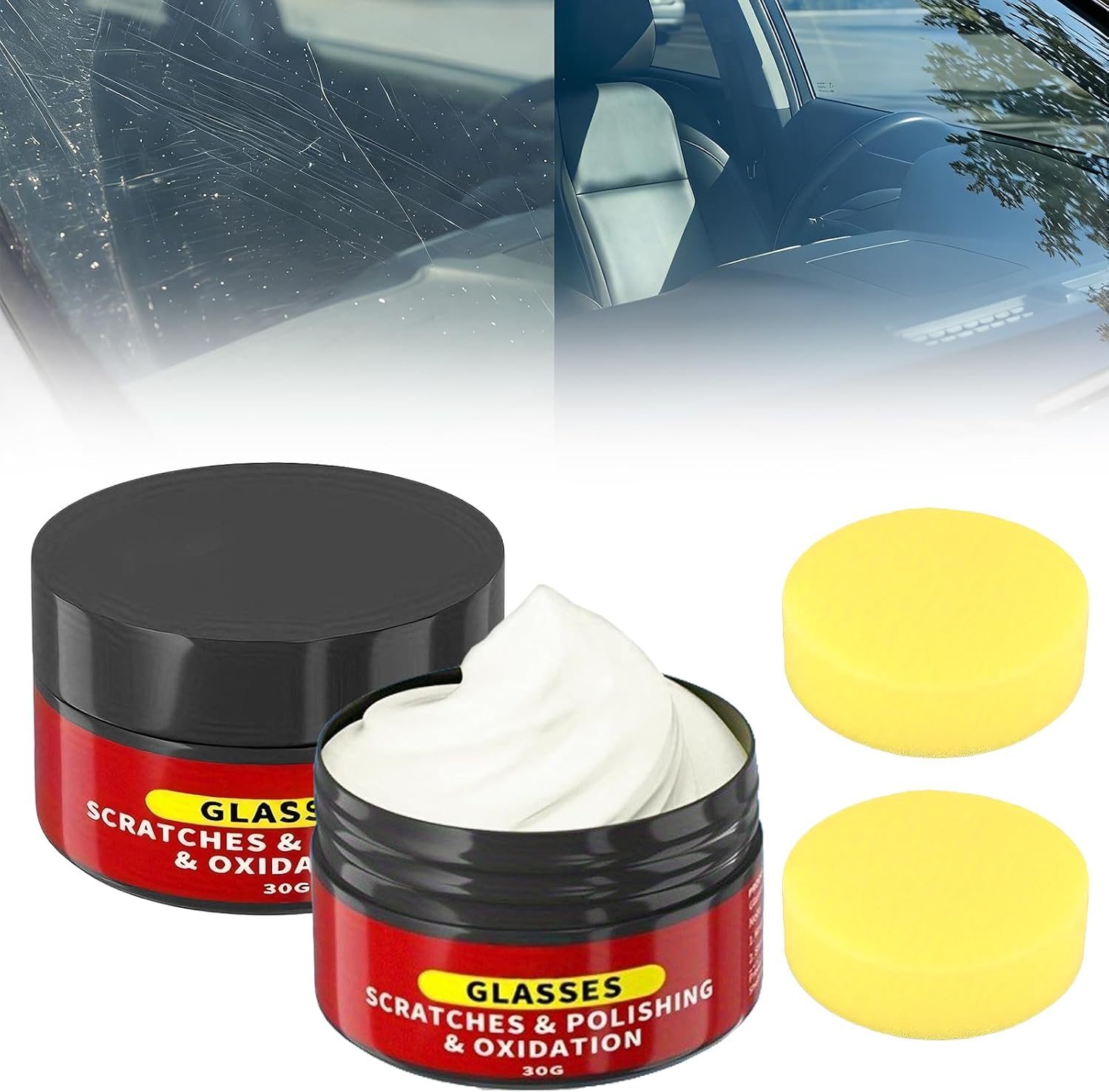 Glass Scratch Remover Kit, 2 Pcs Windscreen Scratch Remover for Glass Polish, 30g/1.05oz Glass Emulsion for Car Scratch Remover with Sponges for Windscreen Mirrors Windows Scratch