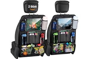 Kimsky 2er Autositz Organizer, Rückenlehnenschutz Auto Kinder, Auto Organizer Kinder, Kinderspielzeug-Aufbewahrung, Wasserdichter Rücksitzschutz für Kinder mit Tablet Fach - Schwarz