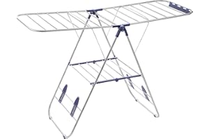 SONGMICS Séchoir à Linge, Étendoir à Bras Wings sur Pieds, Pliable, Réglable, pour Intérieur et Extérieur, Sèche-Linge, Porte-vêtements, Tubes en Acier Inoxydable, Argent LLR502 147 x 128 x 56 cm