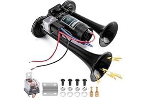 WADEO Klaxon à Air 12 V 118 dB pour Camion, Kit de Klaxon à Air Double Trompette Super Puissant avec Compresseur pour Tous les Véhicules 12 V, Camions, Trains, Bateaux, Voitures, Camionnettes (Noir)