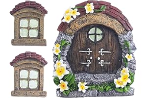 ALEMIN Puerta de Hadas jardín Puerta y Ventana para árboles, Resina de 14 cm en Miniatura de la Puerta de alféizar de la Puerta, decoración del jardín, Brilla en la Oscuridad (Teja)