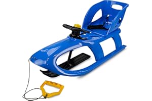 Prime Garden® Motoslitta Volante Premio, slitta per bambini, in plastica, per bambini, con corda di trazione, piedini in metallo, schienale (blu)