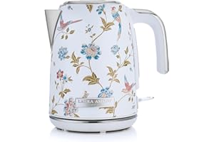 ‎VQ Laura Ashley Elveden Biały Bezprzewodowy Czajnik Od VQ - Czajnik Ze Stali Nierdzewnej o Pojemności 1,7 Litra, Energooszczędna Technologia Szybkiego Gotowania 2,2 kW z Ochroną Przed Przegrzaniem