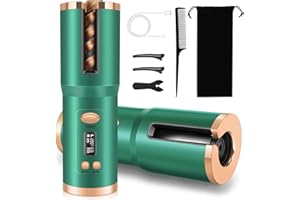 Automatic Hair Curler, Cordless Hair Curlers for Long Hair, Lanboo Wireless Curling Iron Restriction with Built-in 5000mAh Rechargeable Battery, Portable, for Home Travel etc (Green)