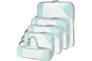 BETLLEMORY Kompresyjne kostki do pakowania walizek, organizery podróżne, niezbędne do podróży, zestaw toreb na walizkę, lekkie organizery do pakowania jako akcesoria podróżne (zestaw 5 sztuk, niebieskie jezioro)