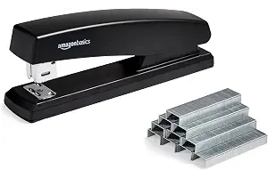 Amazon Basics Grapadora con 1000 Grapas, Capacidad para 25 Hojas, Base de Goma Antideslizante, para Uso Doméstico, Oficina, Negro