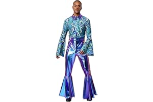 Fldy Herren Metallic Jumpsuit Glitzer 70er 80er Jahre Hippie Disco Outfit Overall Mit Schlag Festival Party Fasching Clubwear