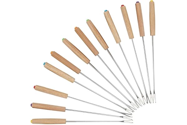 Fourchettes à Fondue en Acier Inoxydable - Lot de 12 Avec Poignée en Bois, Couverts en Acier Inoxydable